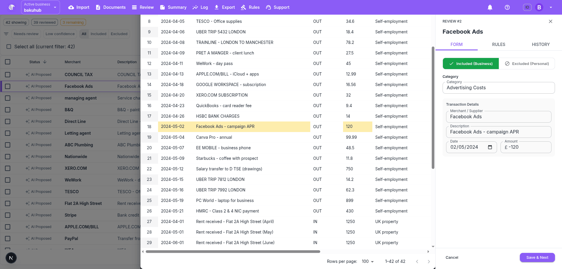 BakuHub split-screen review interface showing original document and extracted data